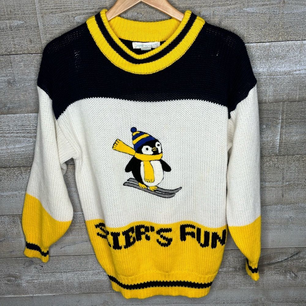 Jamie Scott women medium vintage penguin skiiers fun chunky winter sweater